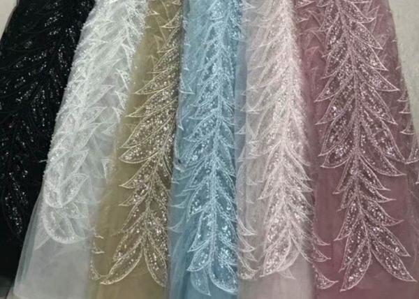 Blue Shiny Embroidered Leaf Lace Fabric With Beads And Sequins 120CM Width