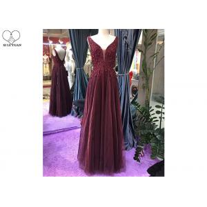 China Sleeveless Burgundy A Line Ball Gown Backless Top Lace Beading Tull Fabric supplier