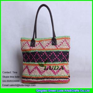China LUDA spainish straw handbag fashion crocheted pattern paper straw bag leather handles supplier