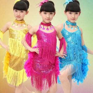 children's feather sequins Latin dance dress Tassel Latin dance costumes of the girls