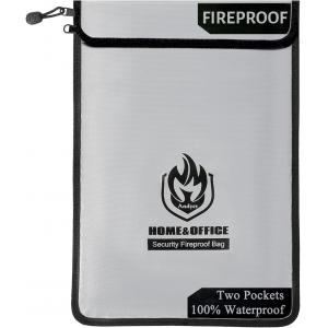 Upgraded Two Pockets Fireproof Document Bag (2000℉),  15”x 11”Waterproof Fireproof Money Bag with Zipper, Waterpro