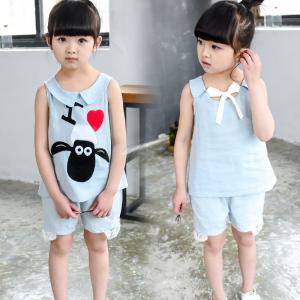 China 2016 Fashion Girl Kid's Clothes Set Little Sheep Sleeveless Tops+ Short Pants Jeans T309 supplier