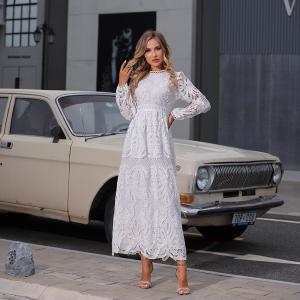 China Embroidered Long Sleeve Lace Maxi Dress Plain Pattern For Wedding supplier