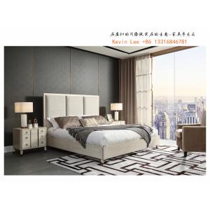 Light American style Bedroom furniture Leather headboard king size bed with Wood nightstand for Villa house interior