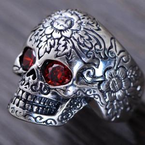 Men Retro Jewelry Heavy Sterling Silver Skull Ring with Red Cubic Zircon (043352)