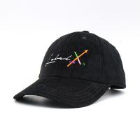 China 100% Corduroy Black Flat Embroidered Baseball Caps Plastic Back Closure on sale