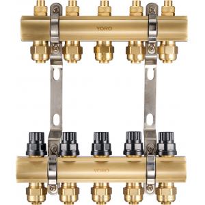 6101 Polished Brass Water Distribution Manifolds w/ anti-sediment sealing bases and Supply Flowrate Regulating Top Sets