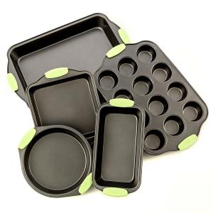 Non-stick Steel Baking Bakeware With Silicone Handles includes a Pie Pan,a Square Cake Pan,Baking Pan,a Bread Pan
