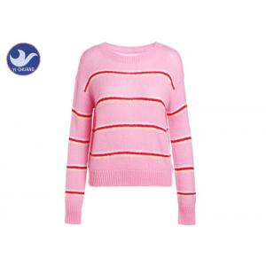Drop Shoulder Chunky Pink Pullover Sweater , Striped Sweater Womens Woll Mohair Jumper