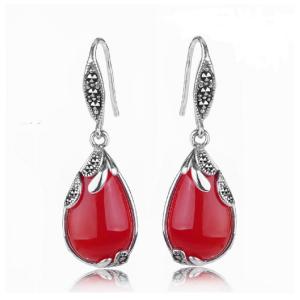 Retro Jewelry Thailand Silver with Marcasite and Red Agate Earrings (JA1750RED)