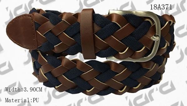 Tan PU With Navy Webbing Tape Womens Braided Belt With Gold Satine Buckle