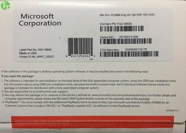 Ativação do bocado do software 64 do OEM de Microsoft 10 originais pro Windows