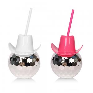 Pink Cowboy Hat Disco Ball Cup With Straw 600ml 20oz Food Grade Plastic