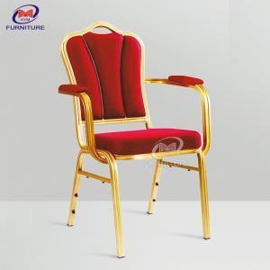 China Velvet Fabric Red Banquet Chairs With Armrest Gold Metal High Density Sponge Covered supplier
