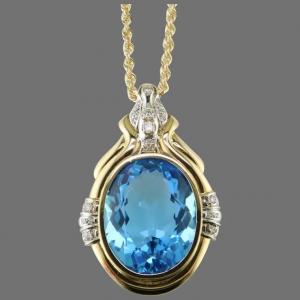 14K Round Cut Blue Topaz And CZ Pendant Enhance For Women