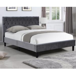 Velvet Fabric Dark Grey Upholstered Bed Frame Queen Size With Buttons On Headboard