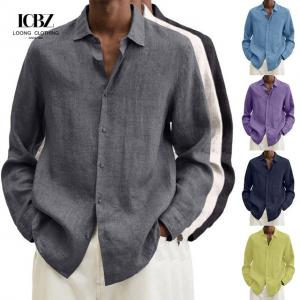 China 2022 Independent Station V Neck Loose Button Cotton Linen Shirt Man Popular Long Sleeved supplier