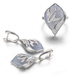 China White Gold Blue Chalcedony Damonds Ring Earrings Jewelry Set (GDSET001) wholesale