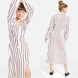 China 2018 New Arrival Fall Long Sleeve White and Red Striped Zip Front Sex V neck Midi Dress Ladies Autumn supplier