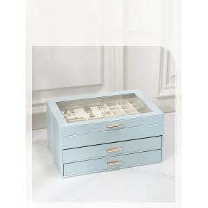 Metal Leatherette Light Blue Jewelry Cases Durable Jewelry Box With Window