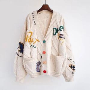China                  Designer Women Chunky Sweater Cardigan Autumn Winter Drop Shoulder Button Front Embroidery Loose Knit Cardigan Sweater Coat              supplier