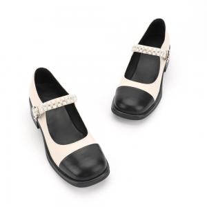Round Head Wrap Toe Womens Leather Flat Shoes Black And White Stitching