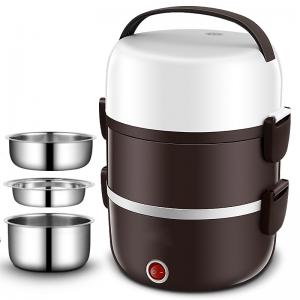China 220V Portable Lunch Box Cooker Three Layers Stainless Steel Dark Brown OEM supplier