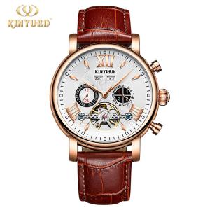 KINYUED oem waterproof custom logo leather  fashion tourbillon skeleton wrist watch luxury automatic watches
