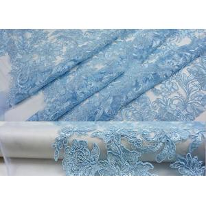 China Blue Embroidery Floral Corded Lace Fabric With Sequin For Craft Make Gauze Dress supplier