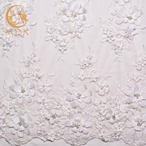 China Beautiful 3D White Floral Lace Fabric Beaded Polyester Water Soluble supplier