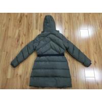 China Polyester Womens Long Padded Coat With Hood Belt Zips Long Puffer Fur Hood on sale