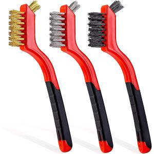 Curved Handle Grip Wire Brush Set 3Pcs Nylon Brass Stainless Steel Bristles