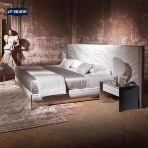 China Customized Size Leather Upholstered Frame Bed Headboard Modern Double Back Design Luxury Style King Size Bed Furniture Set wholesale