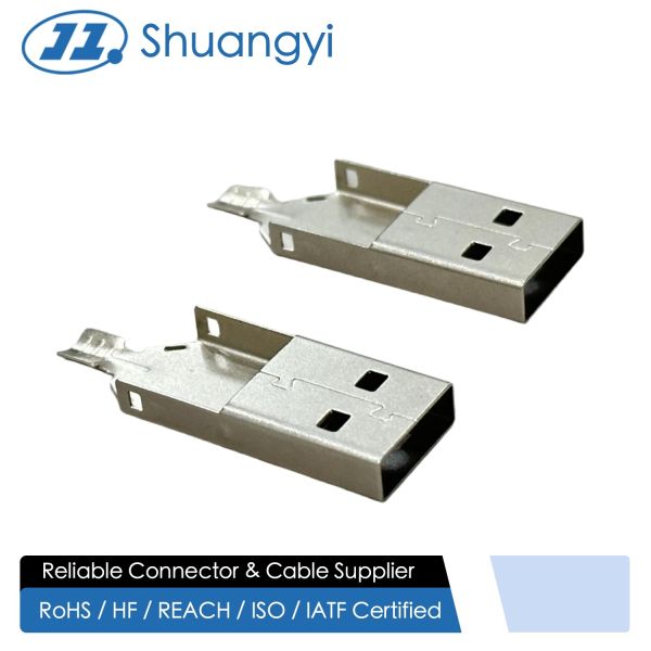 USB 2.0 AM Three-Piece Rear Shell Connector | Pin Wire Cable Electrical Terminal Plated Housing for PCB Customization