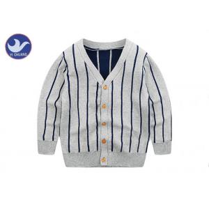 China Vertical Stripes Grey Navy Boys Knitted Cardigan Sweaters / Double Layer Kids Knitwear supplier
