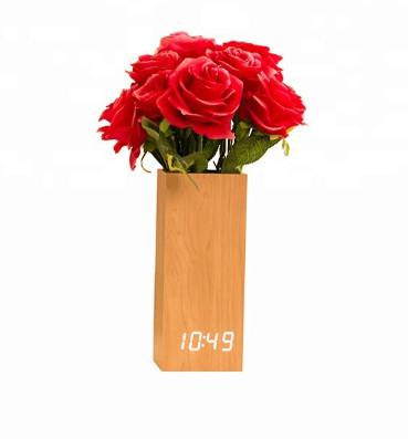 Wooden Digital LED Clock with Flowerpot Beautiful Home Decorative
