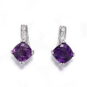 China 2.18g Sterling Silver Gemstone Stud Earrings Cushion White Gold Amethyst Earrings supplier