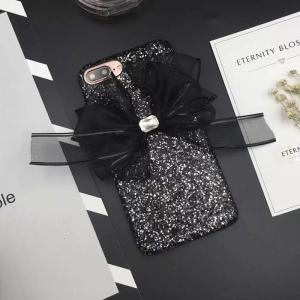 Korea Style Glitter Back Cover Big Black Yarn Bow Pasted Cell Phone Case For iPhone 7 6s Plus