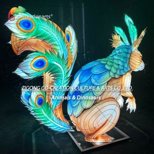 China Giant Illuminated Squirrel Sculpture Lantern With Dazzling Peacock Feather Tail wholesale