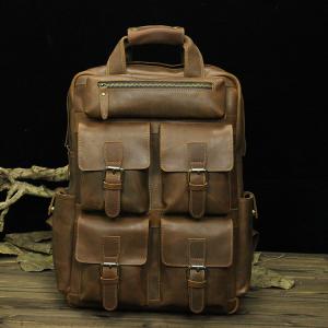 Brown Full Grain 15 Inch Convertible Cowhide Leather Backpack Mens