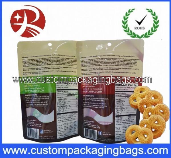 Resealable Custom Stand Up Pouches With Bottom Gusset For Cooky Packaging