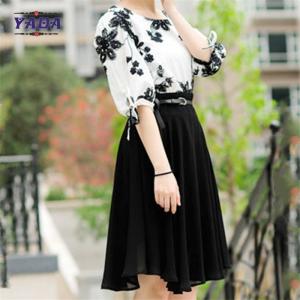 Fashion set contrast floral embroidery blouse skirt old ladies clothing 2018 fashion women long chiffon dress sale