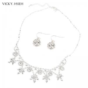 VICKY.HSIEH Silver Tone Bridal Navette Drop White Stone Necklace Set