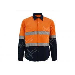 Men's 100%Cotton Twill Two Tone Orange/Navy Work Shirt Long Sleeve Mesh Back Patch Reflective Tape Chest Pockets