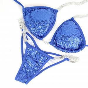 Blue Sequin Bikini Competition Posing Suits Fully Lined Adjustable Triangle Top
