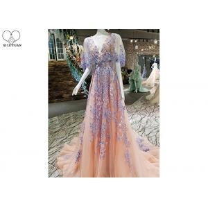 China Backless Tailor Made Prom Dresses , Deep V Neck Floral Ball Gown Bat Wing Sleeve supplier