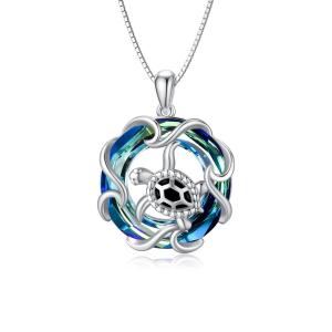 Valentine's Day Gifts S925 Sterling Silver Sea Turtle Pendant Necklace with Blue Crystal for Women