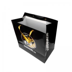 China Custom Printed Black Paper Euro Tote Bags With Satin Ribbon Rope Gold Foil Logo supplier