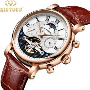 China KINYUED Factory Customized Clock Movement Moon Phase Leather Strap Watch Mens Automatic Watch supplier
