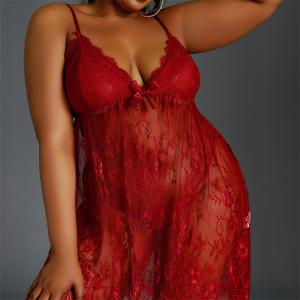 China Black Plus Size See Through Lace Dress Robe Babydoll Strap Chemise Nightgown V Neck Nighty Mesh Sleepwear supplier